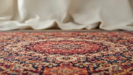 Fototapeta premium Vintage rug pattern with intricate design and vibrant colors. Classic textile with historical significance. Detailed craftsmanship and traditional motifs.