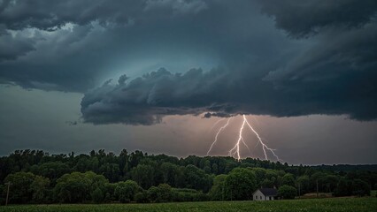 Stormy sky with lightning striking over a forest landscape, dark clouds, and a rural house. Nature and weather phenomena. Scenic lightning storm in the countryside.
