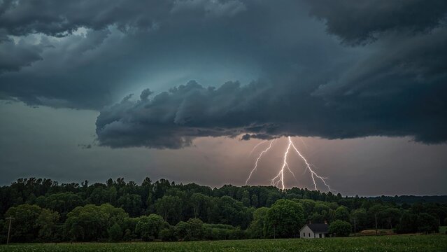 Stormy sky with lightning striking over a forest landscape, dark clouds, and a rural house. Nature and weather phenomena. Scenic lightning storm in the countryside.