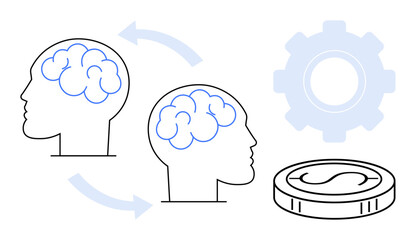 Two human heads with arrows symbolizing knowledge exchange, a gear representing innovation, and a coin for productivity. Ideal for education, teamwork, communication, learning, technology
