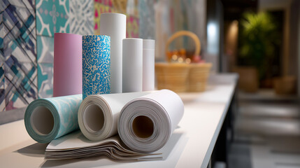 Defocused wall display with multiple tile patterns and pastel wallpaper rolls, concept of home improvement inspiration, with copy space.