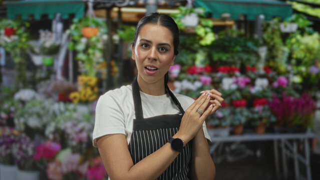 Woman in apron clasping hands near face with fingers covering mouth at a street flower stall with potted plants and bouquets visible; local business surprise.