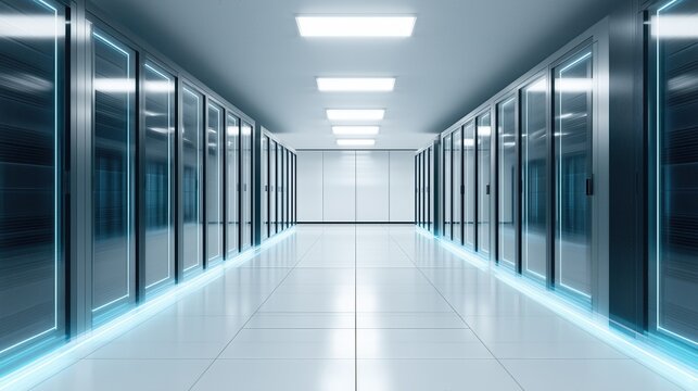 A long hallway with many doors and windows