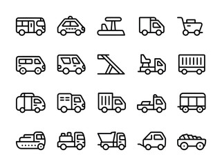 Transport and vehicle line icons for travel logistics and delivery