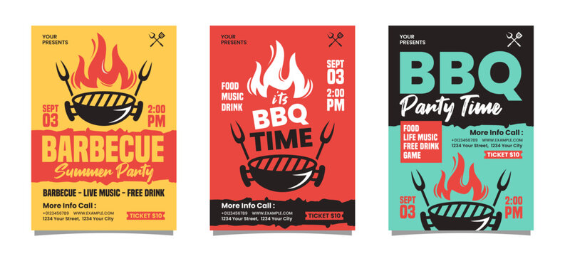 Set Of BBQ Summer Party Flyer or Poster, invitation template - Powered by Adobe