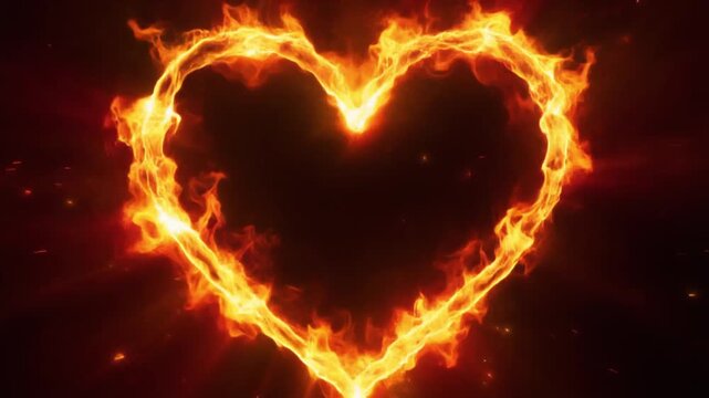 Fiery heart shape glowing with intense orange flames and sparks on a dark background