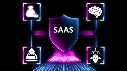 Glowing neon S A S cloud technology network diagram with icons for business growth partnership communication collaboration and cybersecurity on black background . 4k video animation