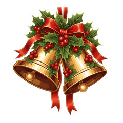 Elegant golden Christmas bells with festive red bow and holly berries creating a joyful holiday spirit for seasonal designs