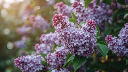 Obraz premium Clusters of lilac flowers in bloom with lush green leaves, illuminated by soft sunlight. Beautiful garden scene showcasing vibrant blossoms.