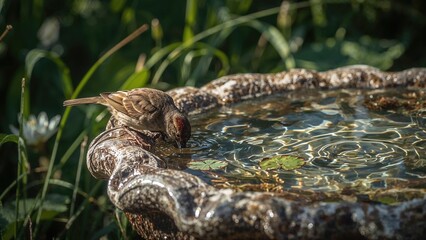 Fototapeta premium A bird drinking water from a stone birdbath in a natural outdoor setting. Nature, wildlife, and water source. The scene depicts a bird engaging with its environment.