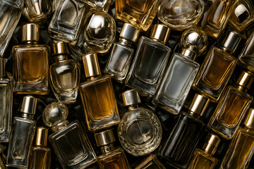 Dense arrangement of perfume bottles, colorful glass textures with warm soft lighting