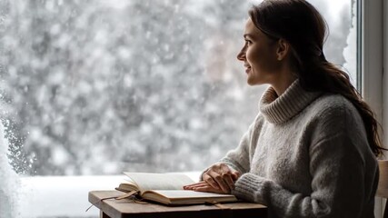 A woman in a cozy sweater looks out a window at falling snow while reading a book. - Powered by Adobe
