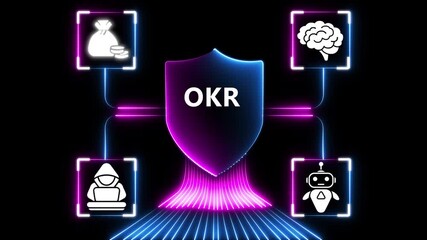 Glowing neon ,OKR cloud network connecting business goals team collaboration communication growth strategy and innovation with glowing neon blue icon on black background. 4k video animation - Powered by Adobe