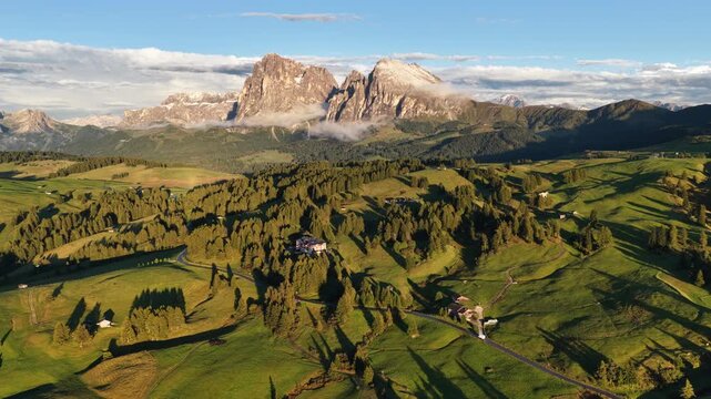 Cinematic aerial video of the Alpe di Siusi in the Italian Dolomites during morning golden hour