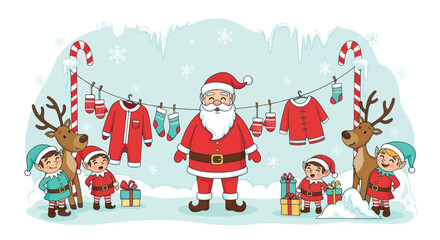 Santa Claus and cheerful elves with reindeer hang holiday clothes on a snowy winter day, celebrating Christmas spirit with festive gifts.