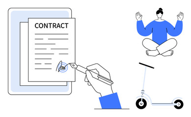 Hand signing contract with fountain pen, meditation pose figure, electric scooter. Ideal for business, work-life balance, mindfulness, minimalism, modern living agreements digital lifestyle. Simple