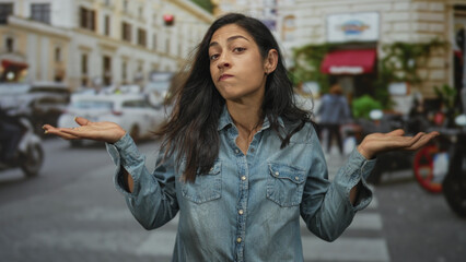 Woman with hands raised and palms visible in a shrugging gesture on a city street; uncertainty...