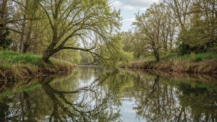 Fototapeta premium A peaceful river scene with lush green trees, calm waters reflecting the trees, and a clear sky in the background.