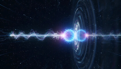 Obraz premium Quantum Entanglement Visualization | Particle Physics in Deep Space | Sci-Fi Quantum Communication Concept