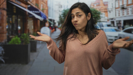 Young hispanic woman shrugs shoulders palms up on busy city street with raised hands and puzzled expression  uncertainty. © Krakenimages.com