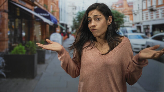 Young hispanic woman shrugs shoulders palms up on busy city street with raised hands and puzzled expression; uncertainty.