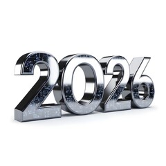 Shiny chrome 2026 numbers in a 3d render on a white background