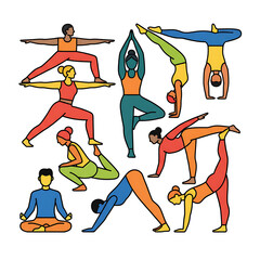 Diverse group of people practicing various yoga poses in a vibrant stylized illustration