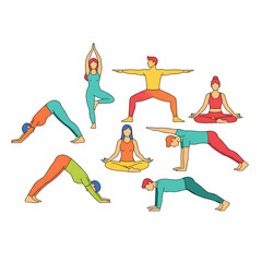 Diverse group of people practicing various yoga poses in colorful athletic clothing on a white background