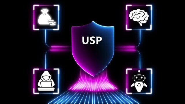 Glowing neon USP of Technology and Digital Security Future Growth, Expansion and Smart Innovation Cyber Protection, Online Safety and Modern Advantage 4k video motion graphic animation