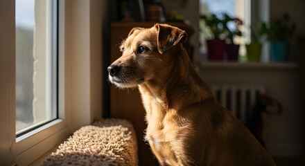 Dog peacefully gazing through bright window illuminated by soft natural daylight inside cozy home