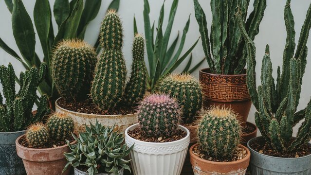 A collection of various cacti and succulents in different pots.