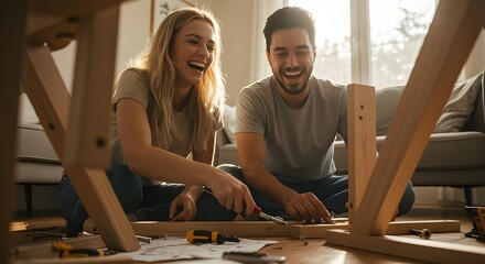 Couple laughing together while assembling new furniture pieces at home in a bright cozy room