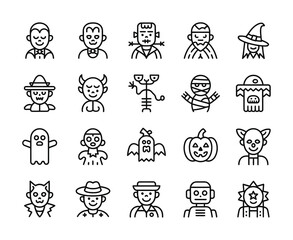 Halloween spooky characters monster faces and costume line icon set