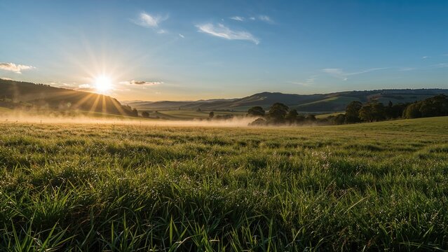 Sunrise over lush green fields with mist and rolling hills, capturing natural landscape and tranquility.