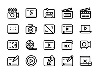 Video media filmmaking editing and content creation line icon set