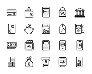 Banking finance payment and money transaction line icon set