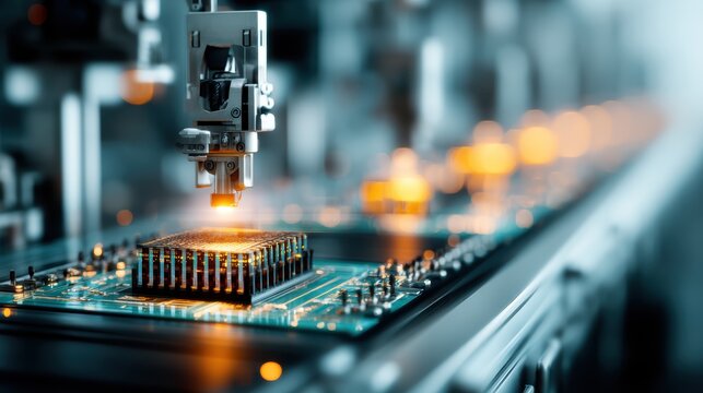 Robotic arm installs luminous AI chip onto circuit board