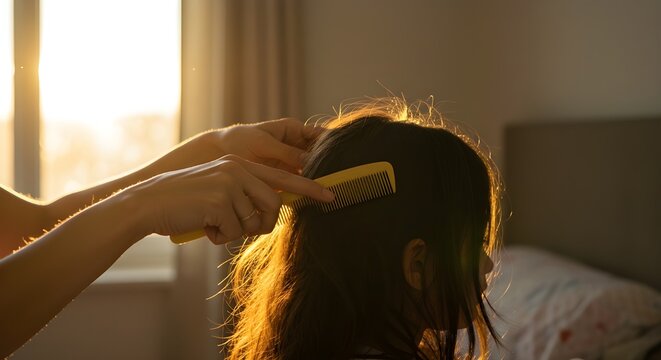 Mother gently combing her daughter's hair in the soft morning light at home, tender moment