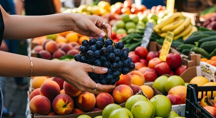 Hands selecting fresh fruits at an outdoor farmers market with vibrant colorful produce