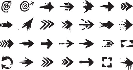 Collection of grunge brush stroke and distressed abstract arrow icons pointing right and in circular shapes