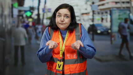 Fototapeta premium Woman volunteer wearing orange vest standing on a busy street outdoors, showcasing dedication and awareness in a community setting, while surrounded by urban hustle.