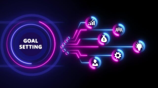 Neon Blue Goal Setting Concept with Business Icons and Flowchart on Black Background objectives planning