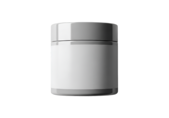White cylindrical jar with blank label isolated on transparent background