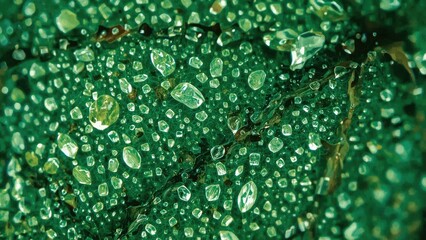 Close-up of a leaf with water droplets, showcasing the texture and details of the surface. Nature, macro photography, and water droplets.
