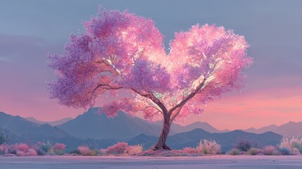 light tree with flowering branches creating a heart in garden nature