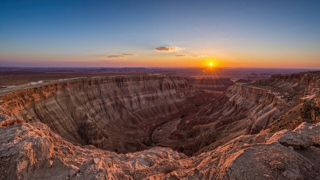Sunset over the Grand Canyon at dusk with colorful sky and deep canyon views. Natural landscape and scenic view.