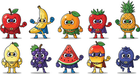 Obraz premium Vibrant superhero fruits assemble for healthy fun, inspiring kids and promoting wellness with playful cartoon characters