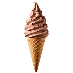 Delicious chocolate soft serve ice cream cone with sprinkles on white background