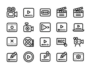 Video creation multimedia editing and filming line icon set for content