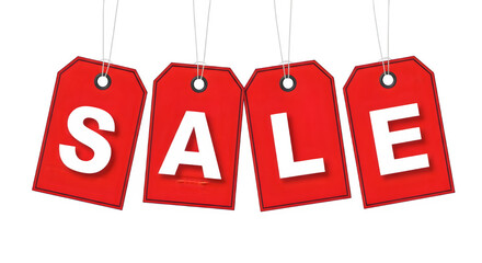 Retail promotion with vibrant red sale tags offering discount prices during a special event for shoppers looking for deals and savings